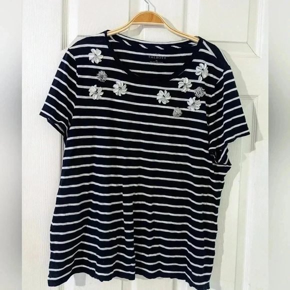 Talbots Women's XL Striped T-Shirt with Floral Embellishments - Picture 1 of 5